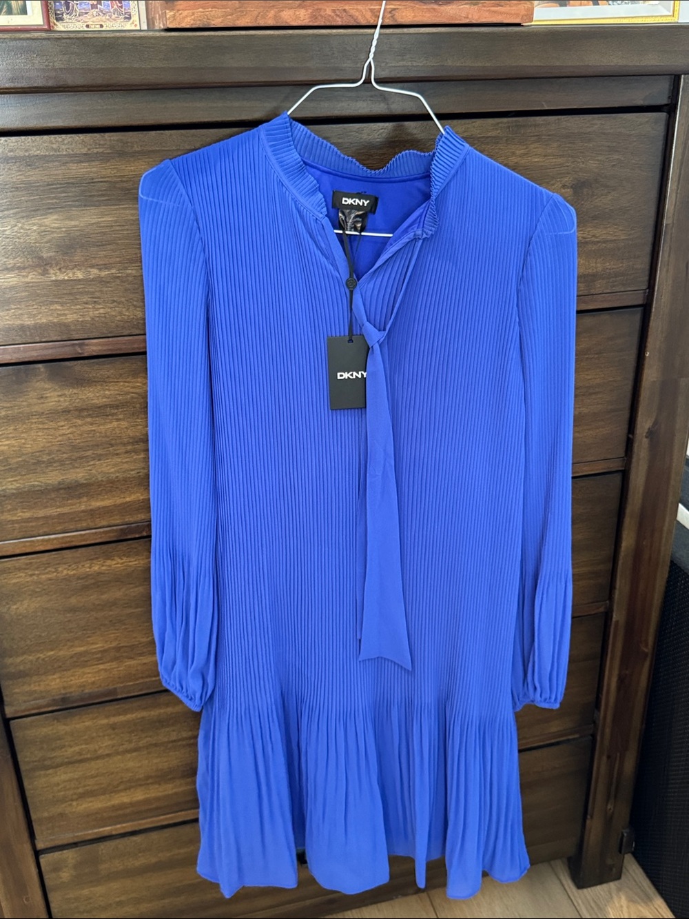 DKNY Cobalt Blue Pleated Long-Sleeve Tie-Neck Dress